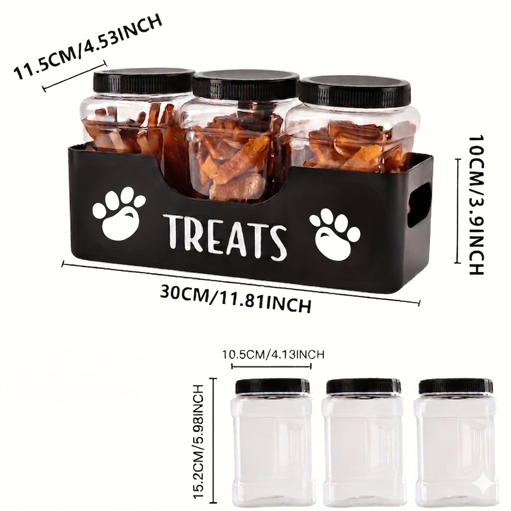 Pet Treat Jar Set with 3 Sealed Plastic Containers and Base, Farmhouse Dog and Cat Snack Storage Organizer for Kitchen Counters and Feeding Areas