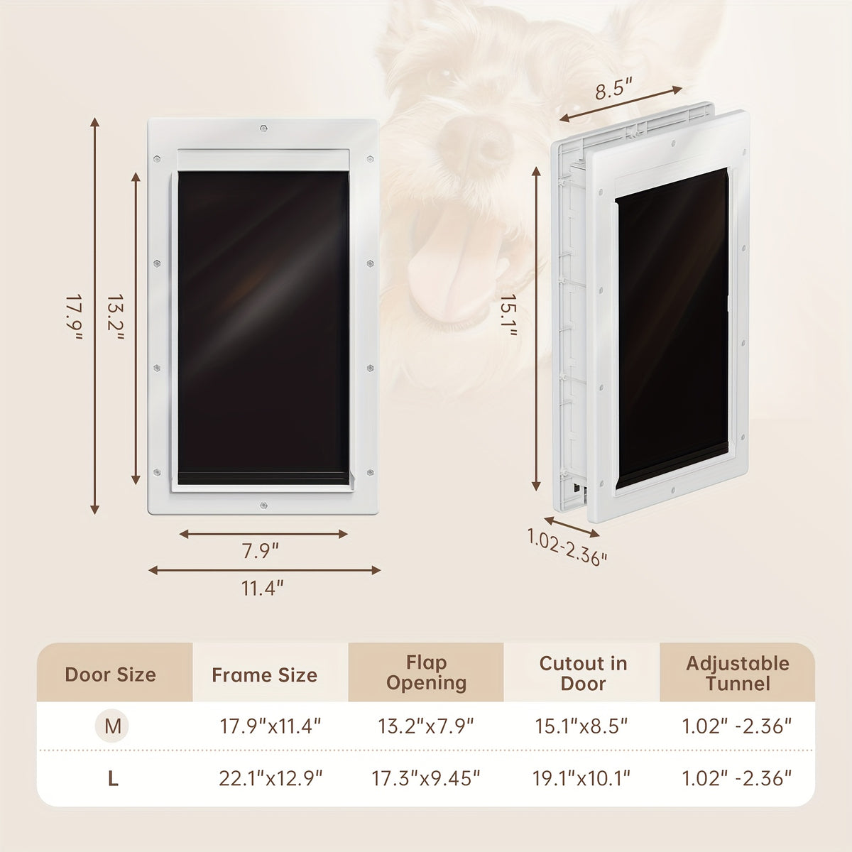3-Flap Dog Door with Insulation Layer and Two Magnetic Flaps, Reinforced Polymer Pet Entry with Closing Panel in Medium or Large, Black or White