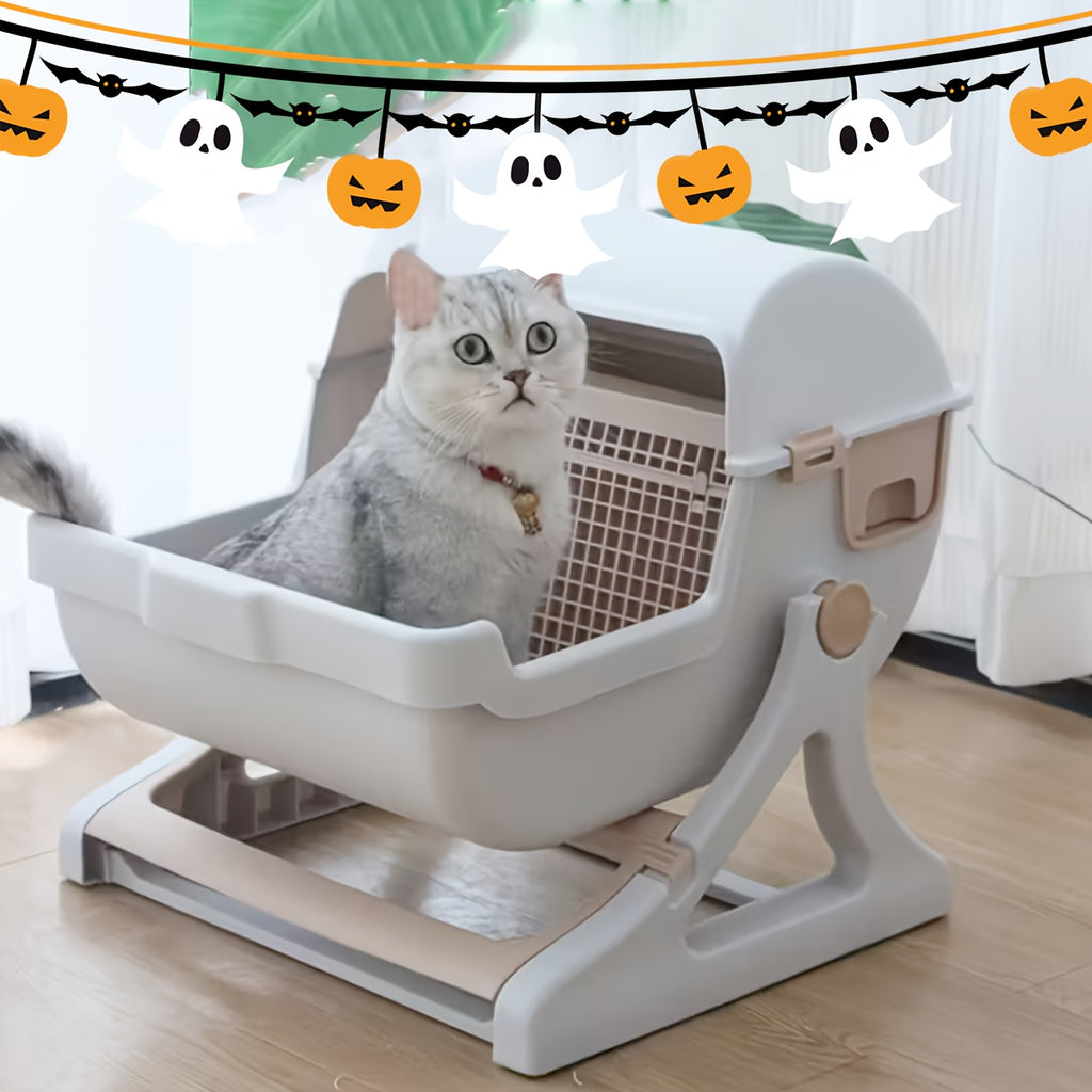 Cat Litter Box with Removable Grid, Rectangular Indoor Cat Pan in Beige or Pink for Everyday Pet Waste Management and Convenient Routine Cleaning