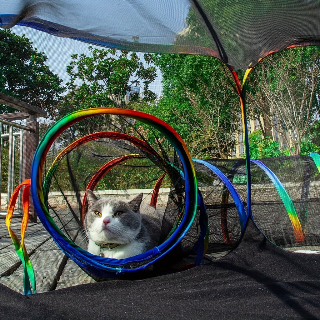 Cat Tent and Tunnel Set, Rainbow Portable Outdoor Cat Playpen with Circle Tunnel for Supervised Backyard Exploration and Everyday Play