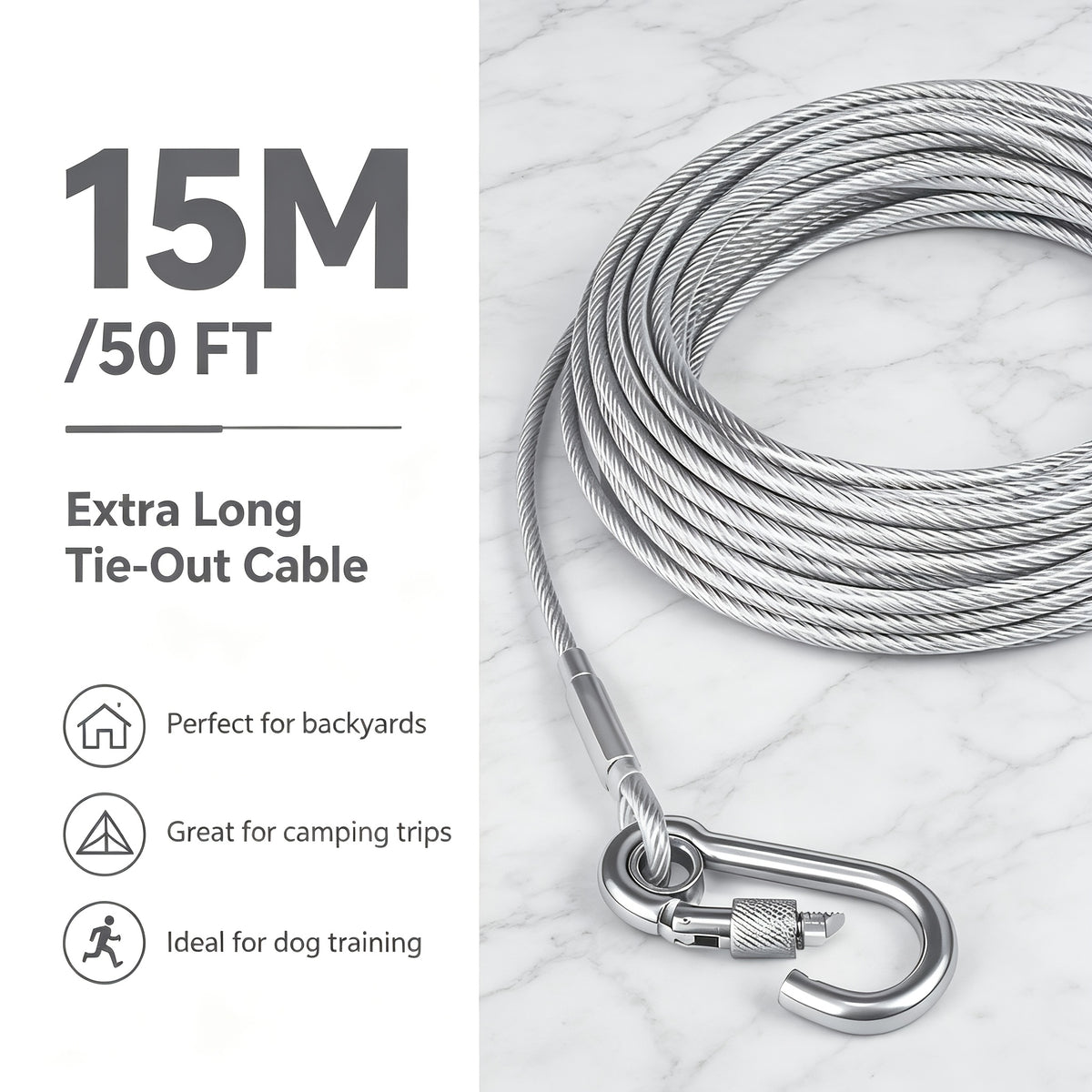 Reflective Dog Tie Out Rope with Stainless Steel Swivel Spring Hook, Outdoor Yard and Camping Lead for Supervised Use, Two Listed Length Options