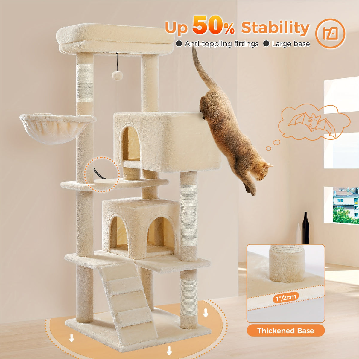 Cat Tree with Oversized Top Perch, 56.3 Inch Multi-Level Indoor Cat Tower with Hammock, Two Condo Hideaways and Scratching Posts, Five Colors