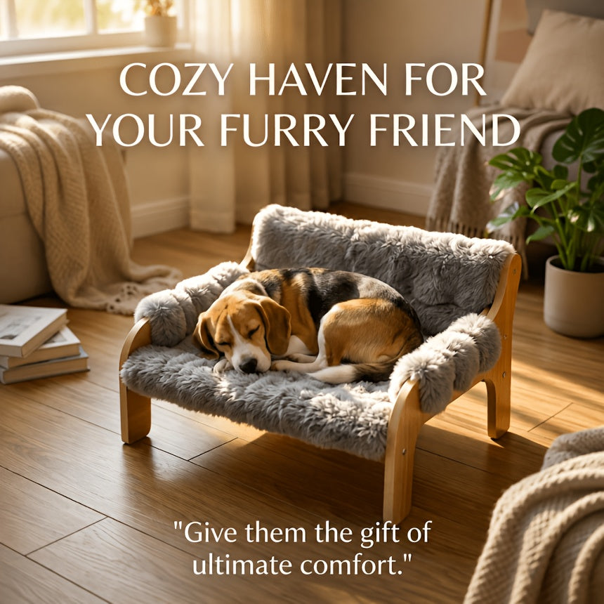 Wooden Cat Sofa Bed with Removable Washable Plush Blanket, Elevated Pet Couch for Cats and Small Dogs up to 40 lbs, Gray or White