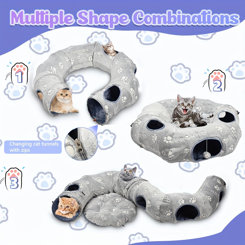 Cat Tunnel Toy Set with Tunnel Bed, Feather Toys, Balls and Fish Toys for Indoor Cats, Interactive Playtime and Cat Birthday Gifts