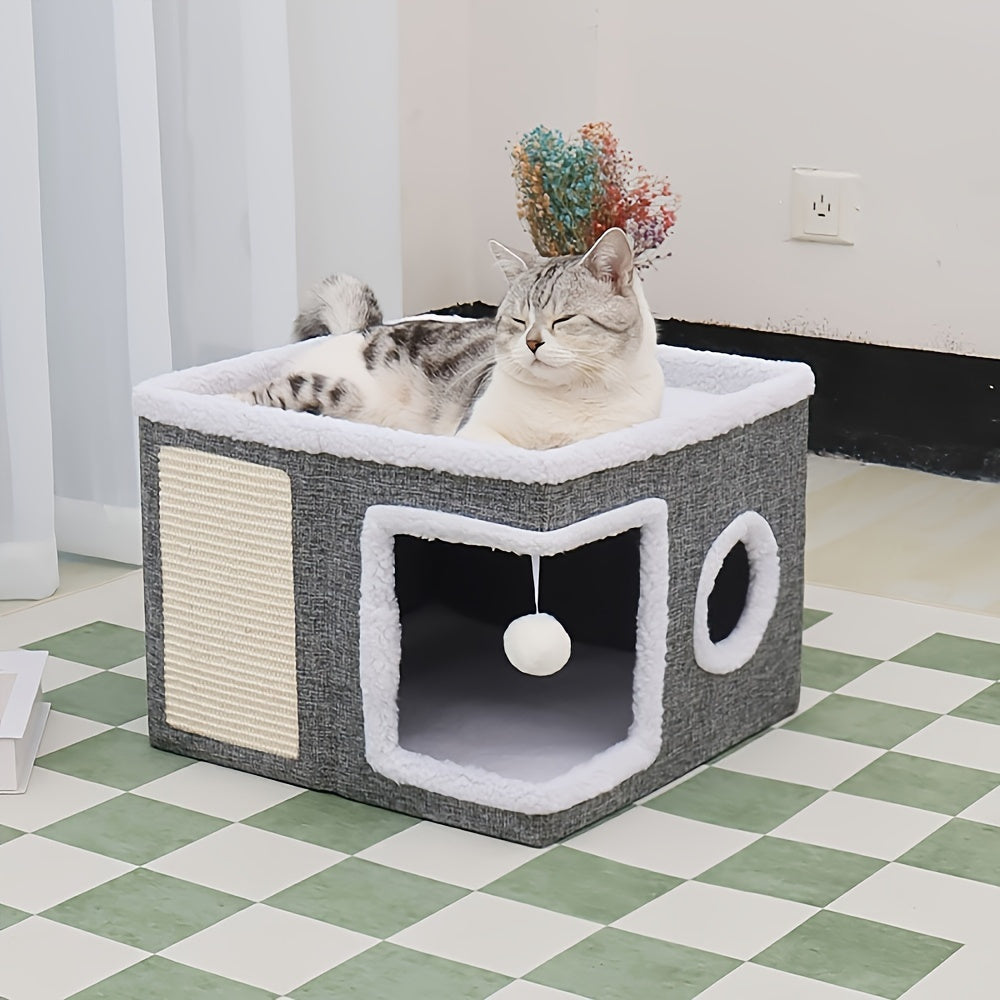 Foldable Cat Cube House for Indoor Cats, Canvas Hideaway Bed with Nylon Frame, Hanging Plush Ball and Four Style Options for Rest and Play