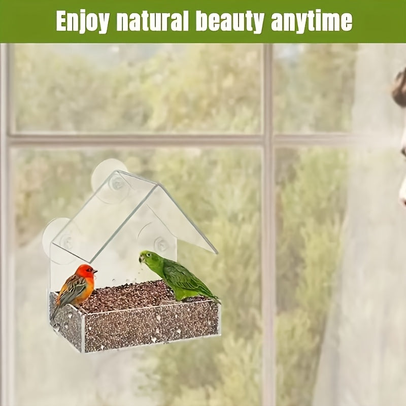 Window Bird Feeder with Removable Tray, Battery-Free Clear Acrylic Suction Cup Feeder for Outdoor Wild Bird Feeding and Close-Up Bird Watching at Home