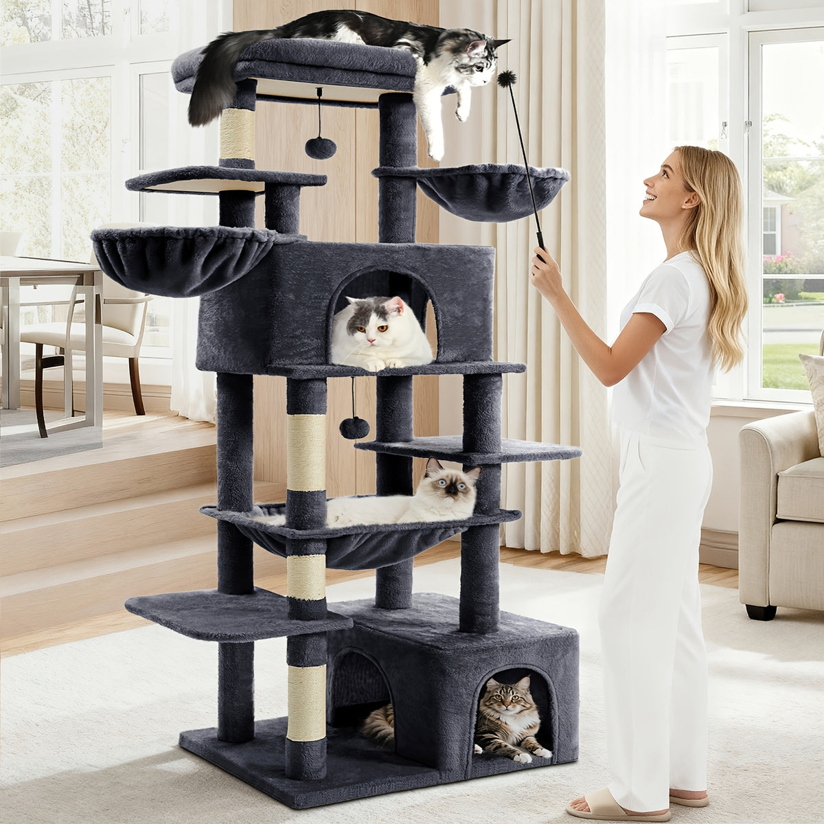 Cat Tree 68 Inch with Square Hammock and Two Condos, Multi-Level Indoor Cat Tower with Wide Perches and Sisal Scratching Posts in Grey or Light Grey