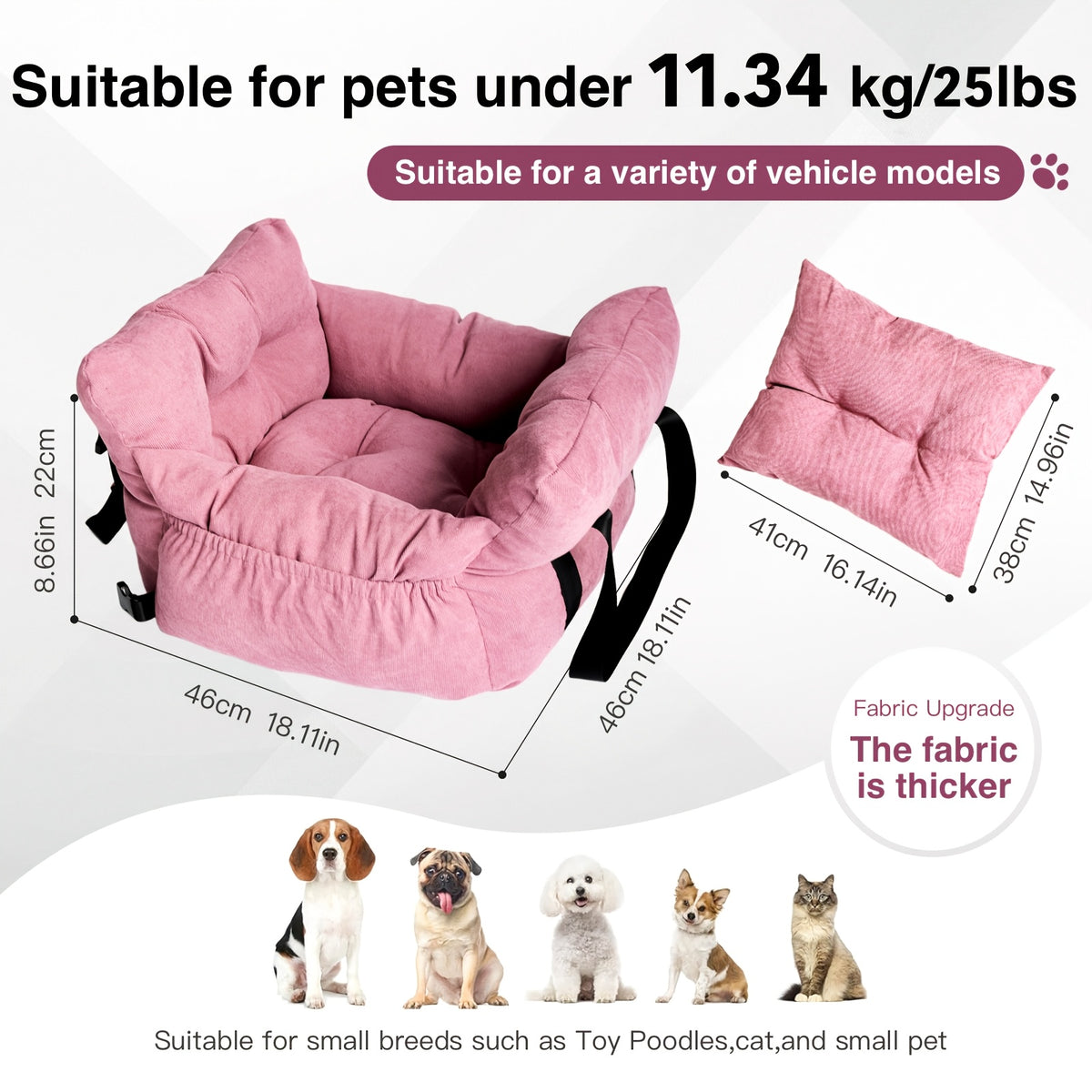 Dog Car Seat Carrier with Handheld and Shoulder Carry Options, Travel Booster Bag for Dogs and Cats with Listed Harness, Seven Color and Style Choices