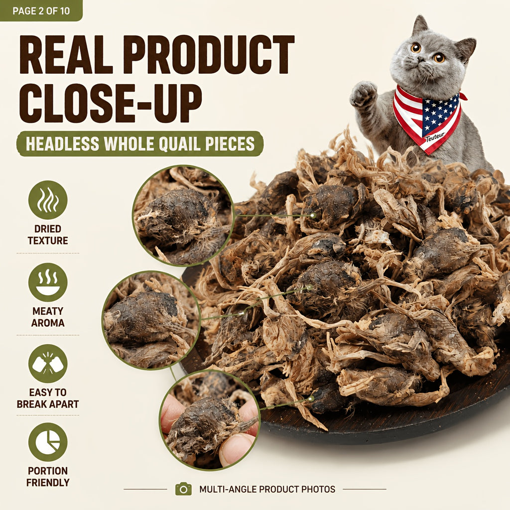 Freeze Dried Quail Cat Treats, Crunchy Single-Ingredient Pet Snacks for Cats and Dogs, Bite-Size Morsels for Supervised Treat Time and Training Rewards