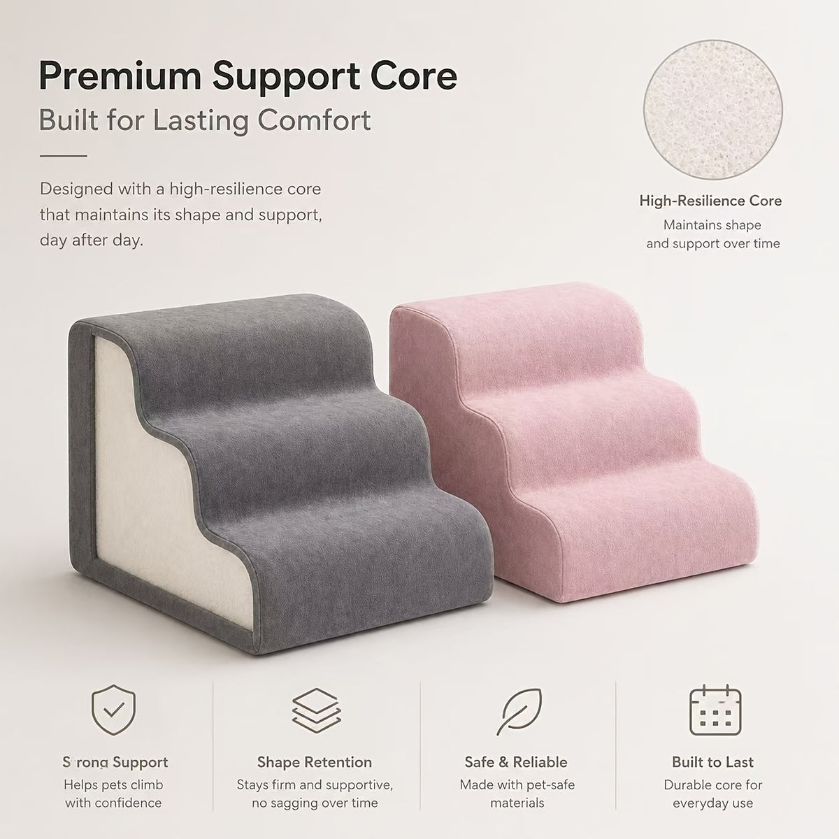 Dog Stairs for Bed with Dutch Velvet, Non-Slip Pet Steps for Small and Senior Dogs, 2/3/4-Step Options for Sofa and Couch, Gray or Pink