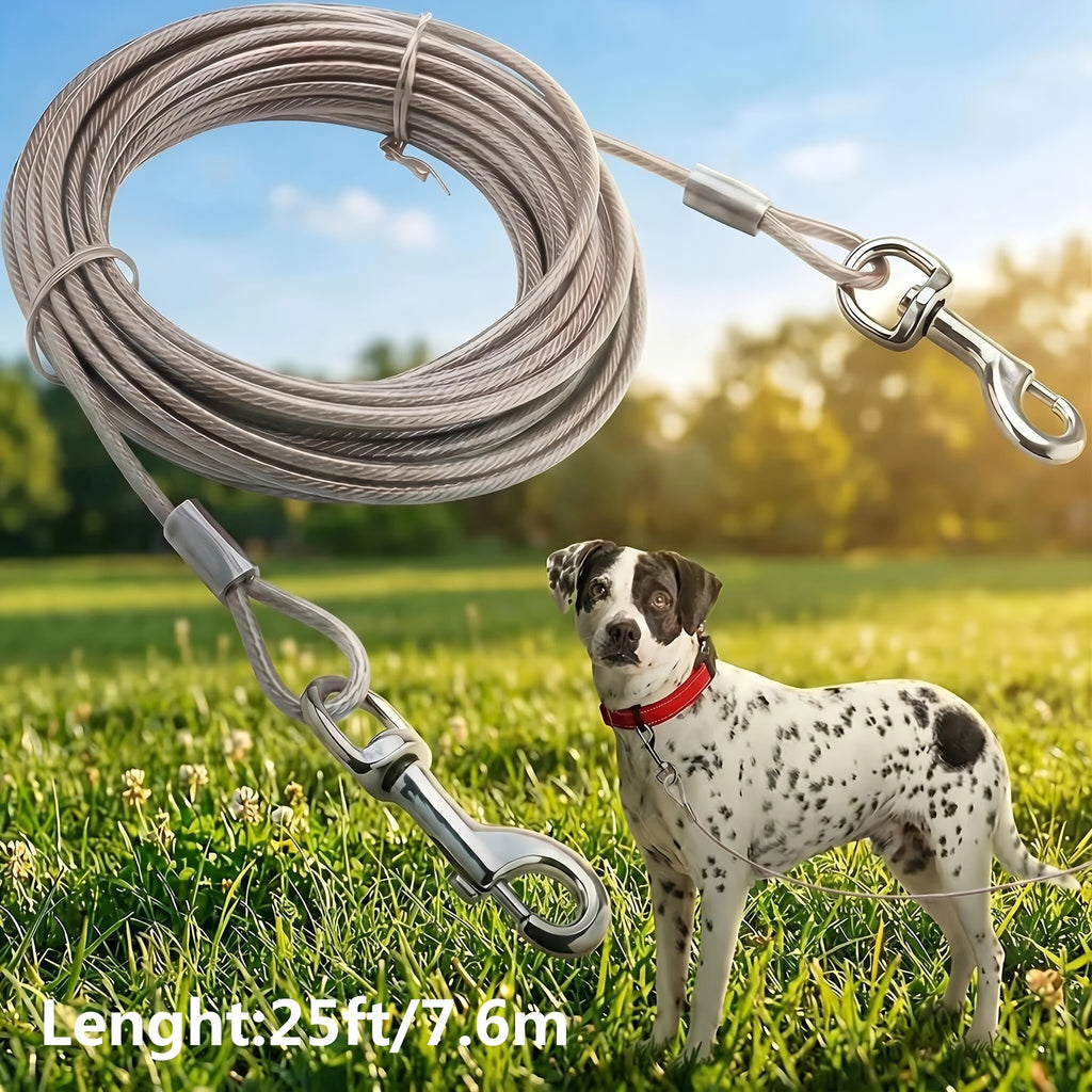 25 Foot Dog Tie Out Cable with Quick-Release Swivel Clips and 360-Degree Rotating Clasp, Transparent Outdoor Yard Lead for Supervised Dog Time