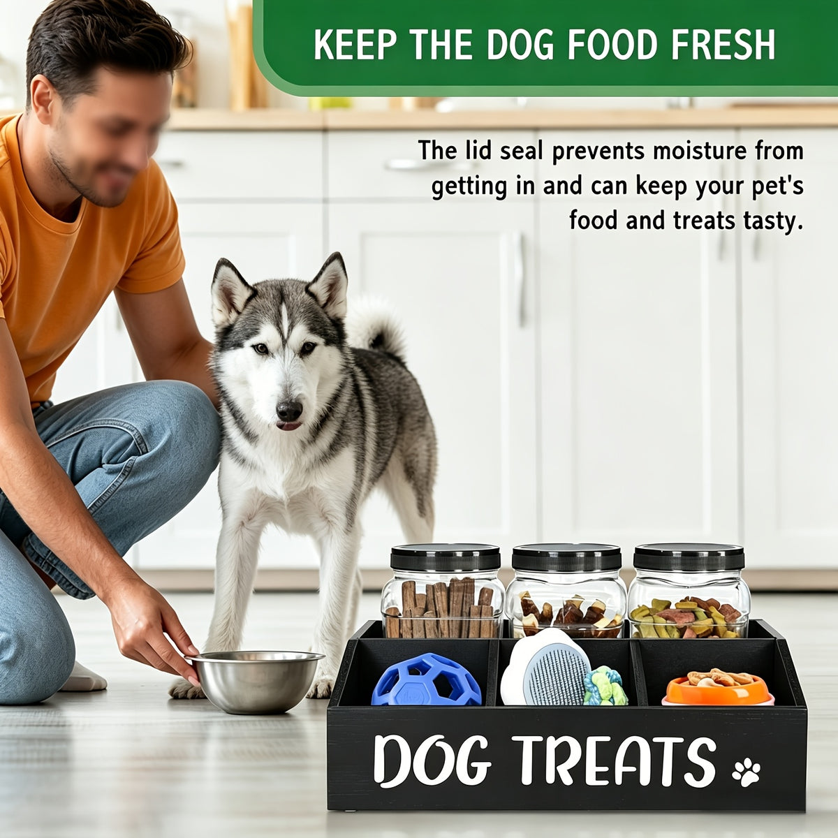 Dog Treat Storage Organizer with 3 Clear Jars and Scoop, Solid Wood Farmhouse Pet Snack Station with Compartments for Cat and Dog Supplies