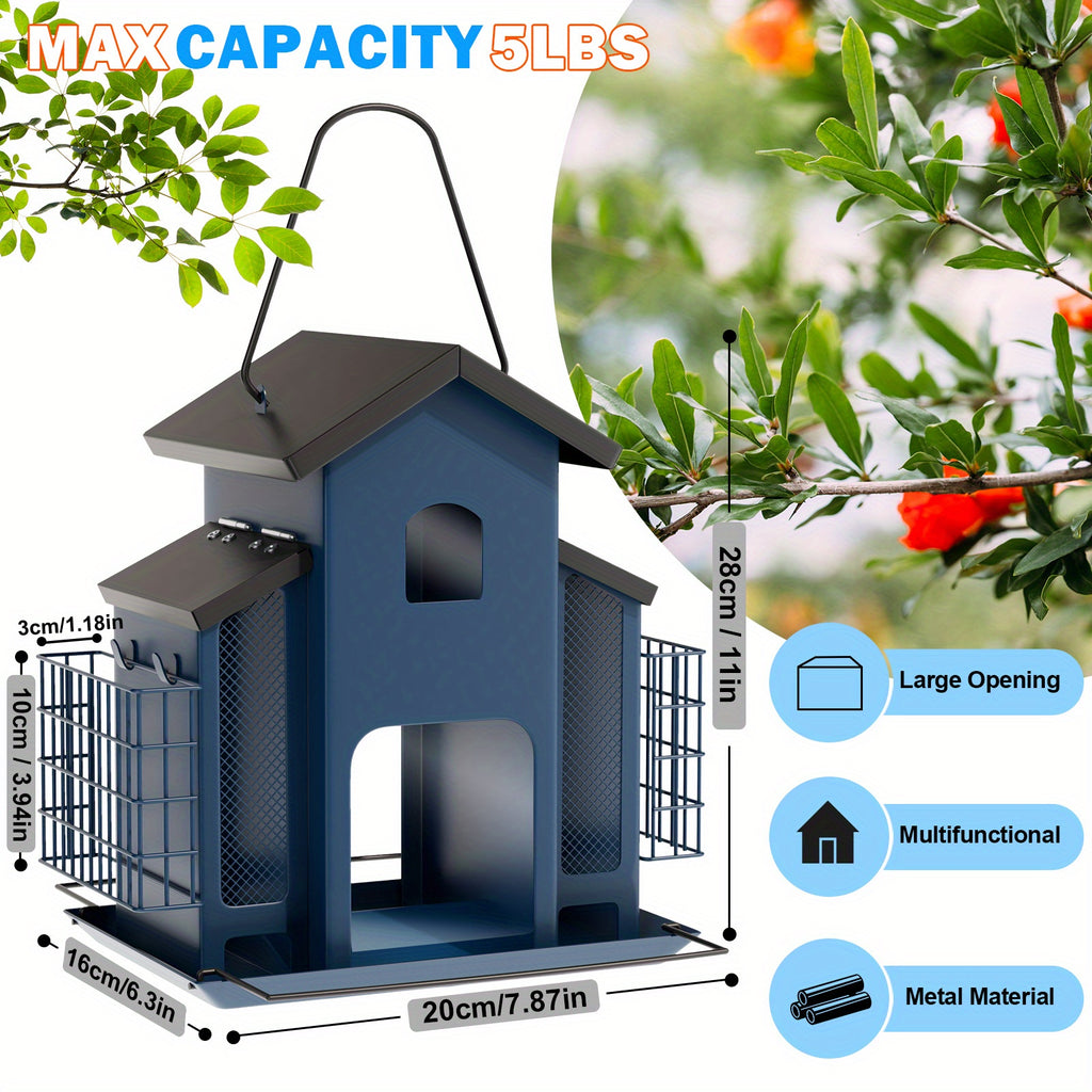 Hanging Metal Bird Feeder with Mesh Seed Compartments and Side Food Cages, House-Shaped Outdoor Feeding Station in Blue, Red or White for Backyard Birdwatching