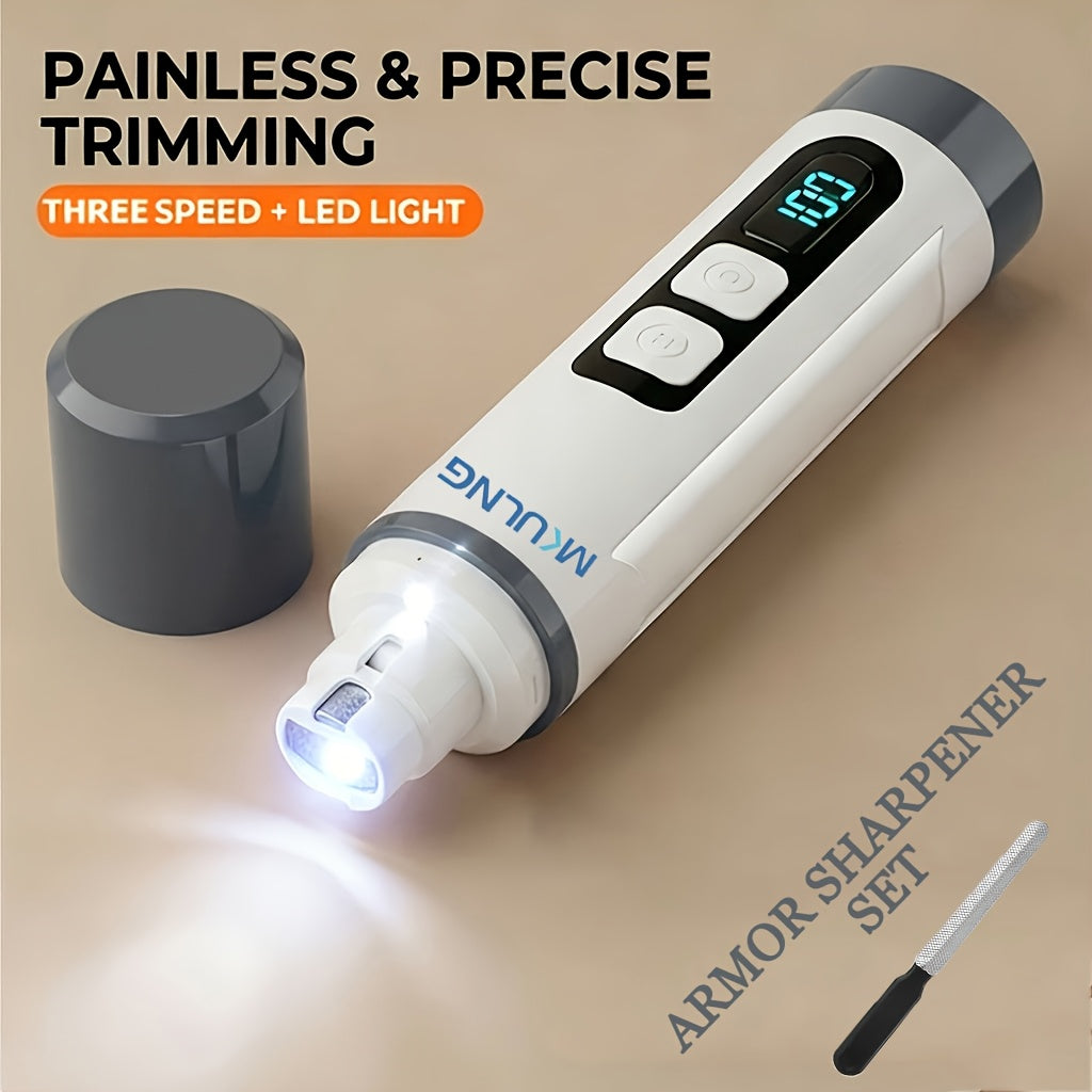 3-Speed Rechargeable Dog Nail Grinder with LED Light, Quiet Electric Pet Nail File for At-Home Paw Grooming with Model-Specific Grinding Head Options