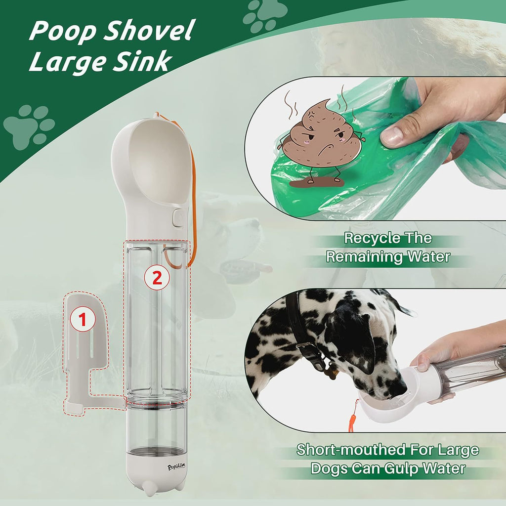 3-in-1 Dog Water Bottle with Food Container and Poop Bag Feature, Portable Pet Drinking Dispenser for Walks and Travel, 300ml or 500ml