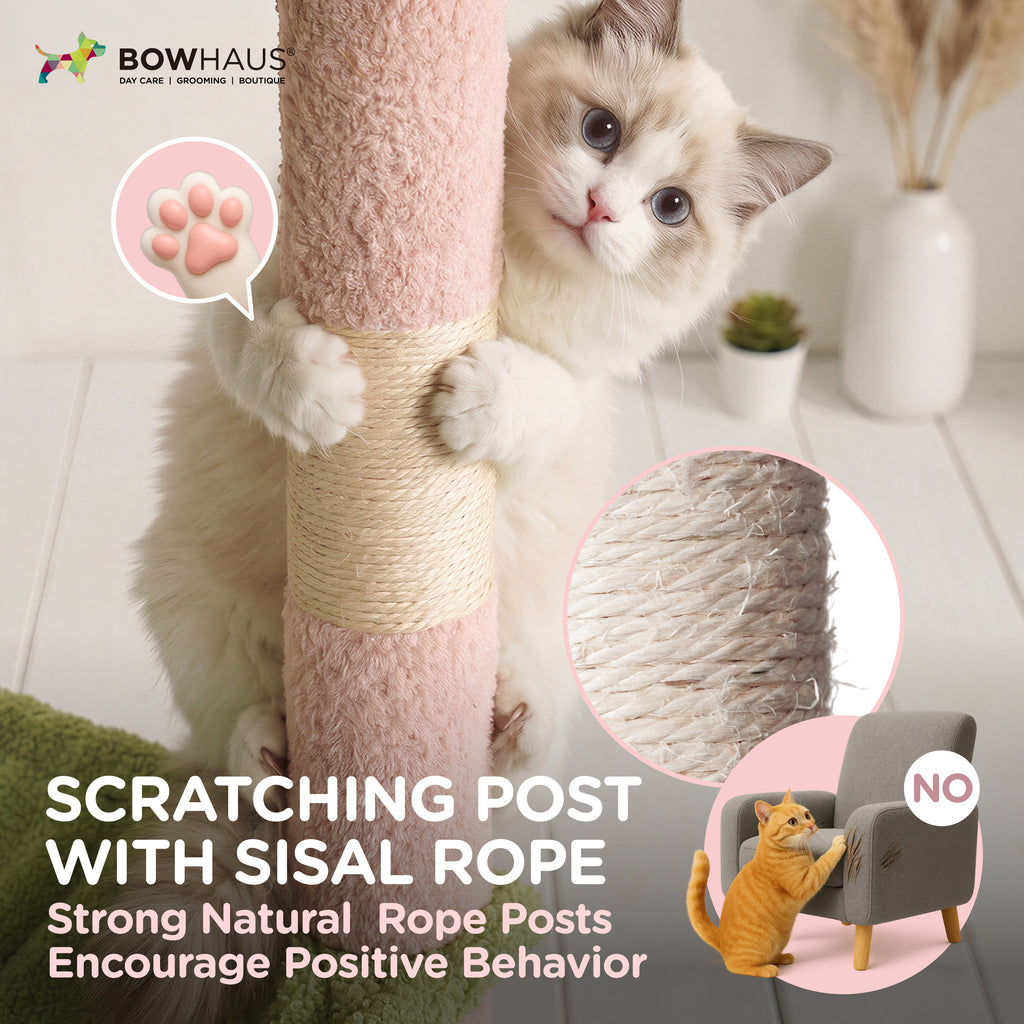 Floor to Ceiling Cat Tree with Hammock, Adjustable Cactus Cat Tower with Sisal Scratching Post, Faux-Fur Platforms and Interactive Playball for Indoor Cats