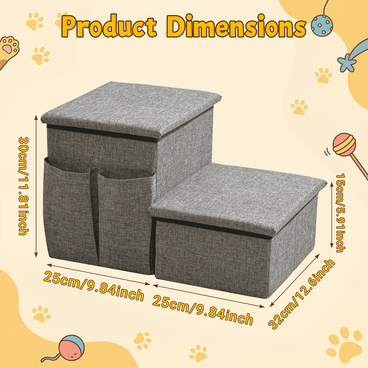 Pet Stairs with Storage for Bed and Sofa, Soft Cushioned Non-Slip Dog and Cat Steps in 2, 3 or 4 Tiers with Side Pocket or Grab Bar Style Options