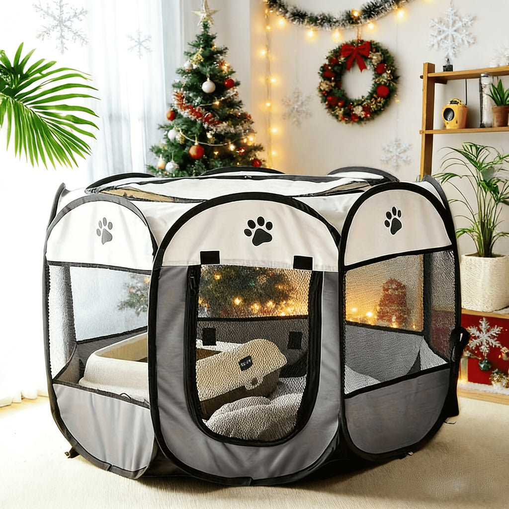 Portable Pet Playpen in Beige Gray, Foldable Octagonal Oxford Fabric Tent for Dogs, Cats and Puppies, Indoor Outdoor Travel Enclosure in M1, L2 or XL3