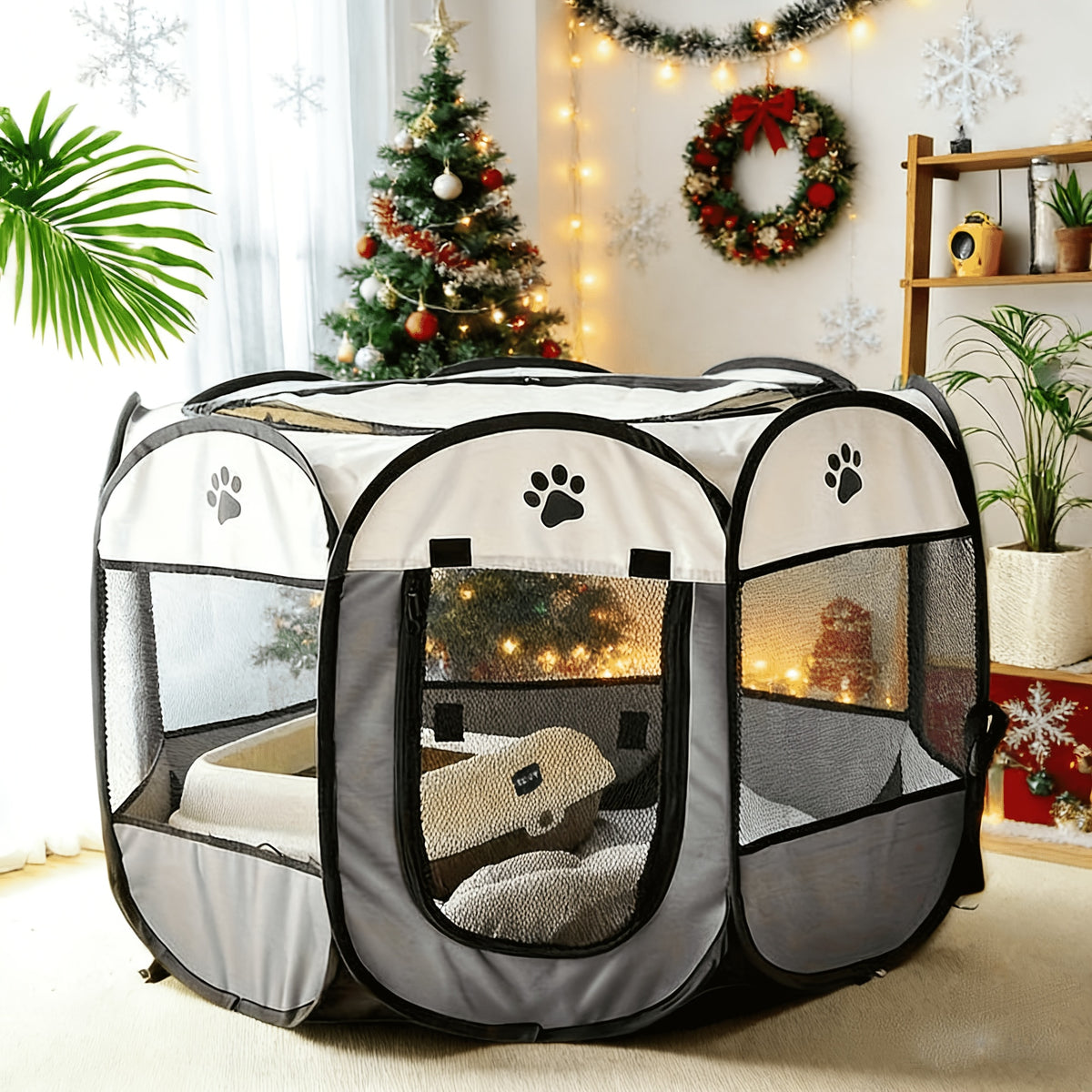 Portable Pet Playpen in Beige Gray, Foldable Octagonal Oxford Fabric Tent for Dogs, Cats and Puppies, Indoor Outdoor Travel Enclosure in M1, L2 or XL3