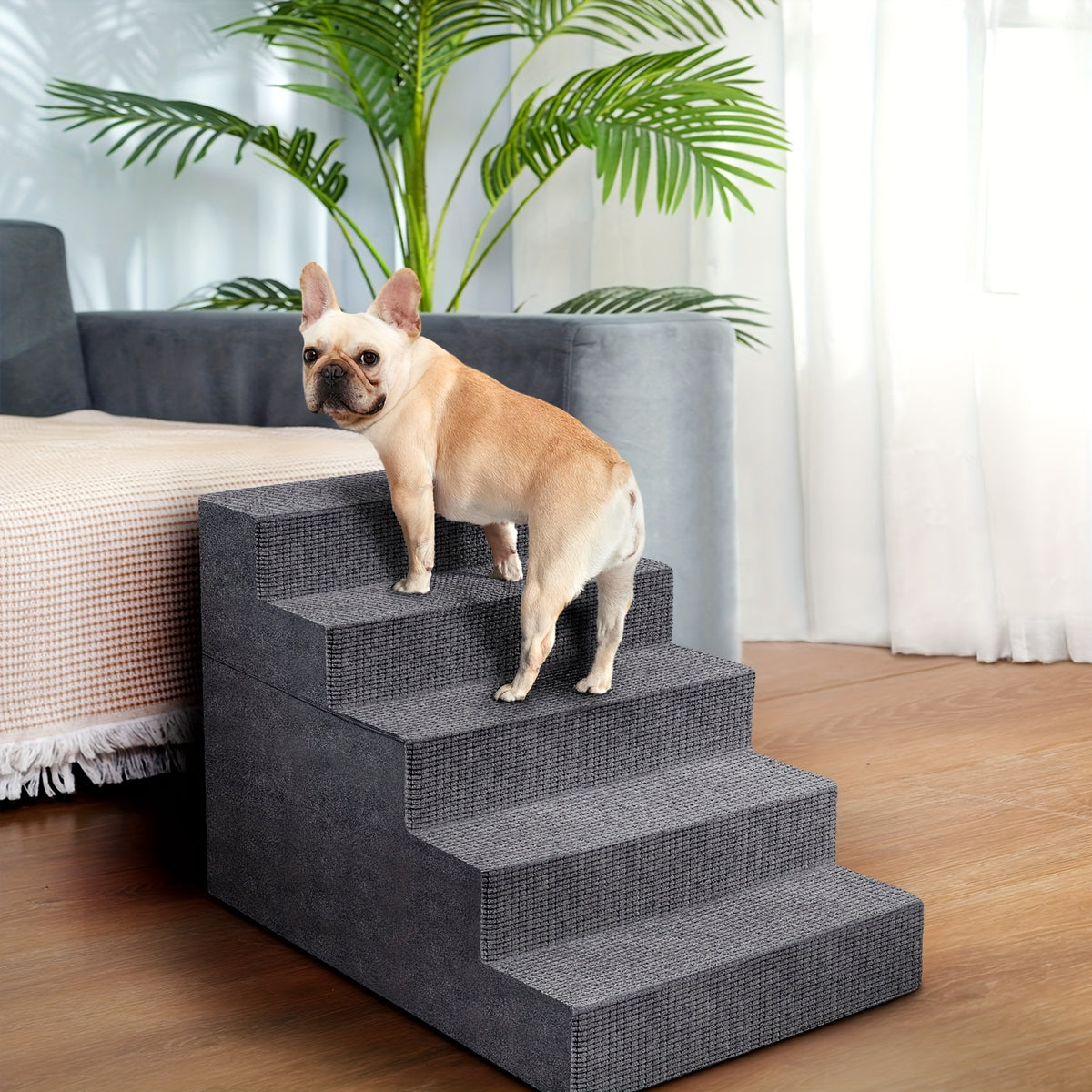 High Density Foam Dog Stairs, Gray 4-Step Pet Steps with Non-Slip Bottom for Small Dogs and Cats to Access Beds, Couches and Sofas