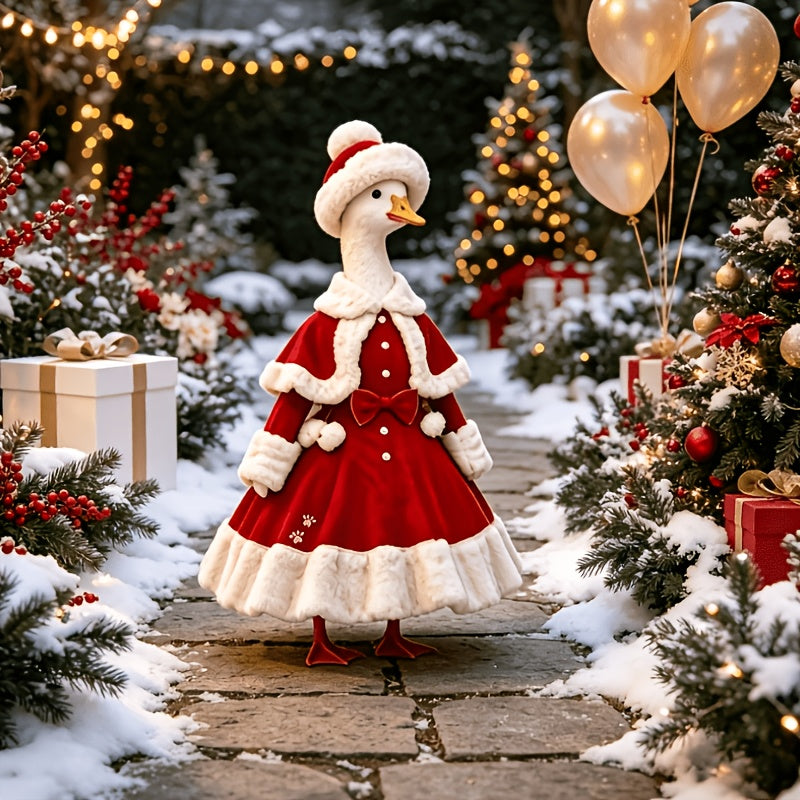 Porch Goose Christmas Costume with Hat for 23-Inch Decorative Statues, Red Holiday Outfit for Seasonal Entryway, Lawn and Garden Displays