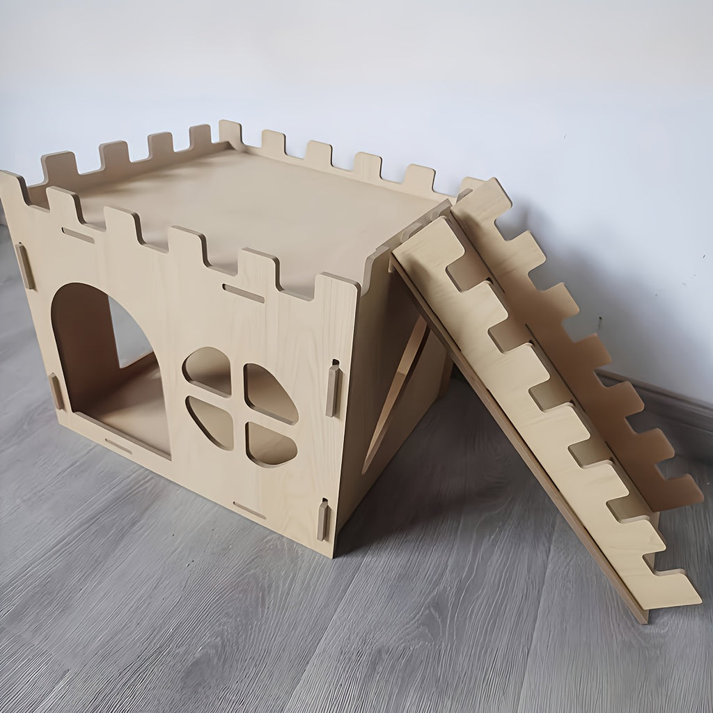 Wooden Rabbit Castle Hideout with Detachable Interlocking Design, Small Animal House for Indoor Habitat Enrichment, Hiding and Exploration