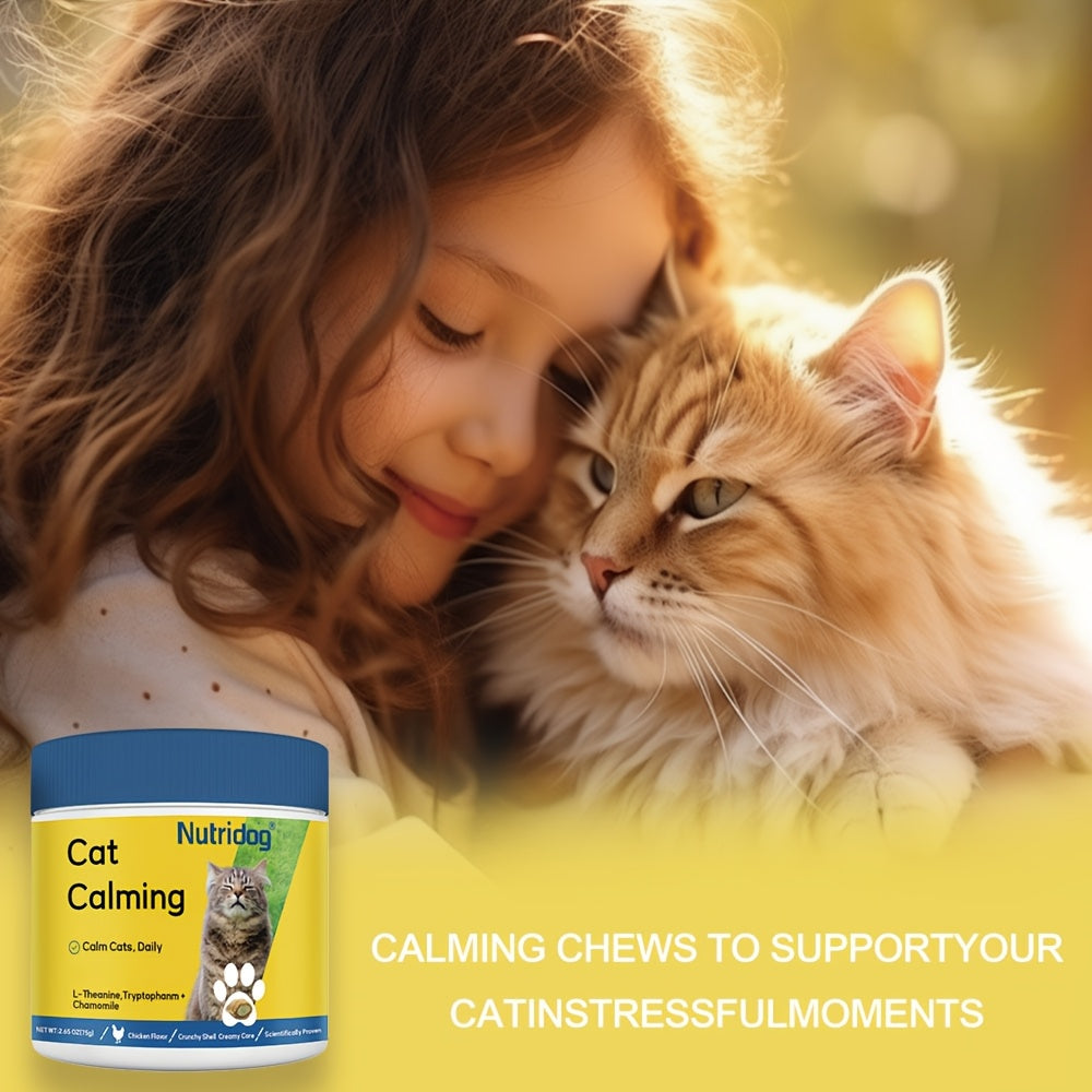 Cat Calming Treats, 150 Count Chicken Flavor Dual-Texture Chews with L-Theanine, Tryptophan and Chamomile, 75g Feline Supplement