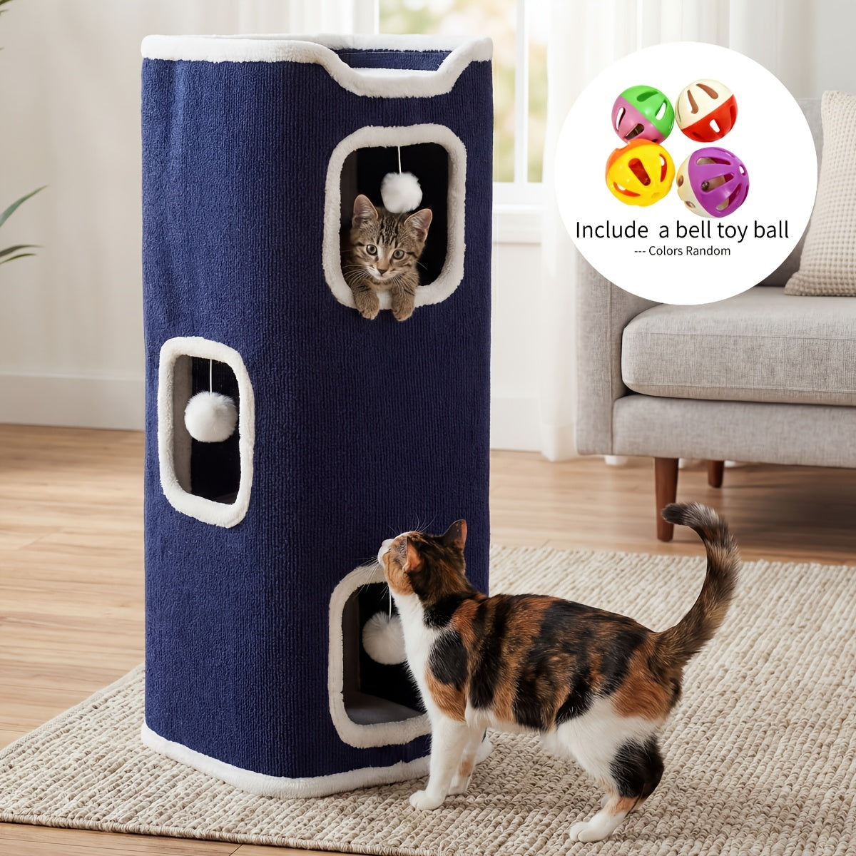 Cat Hideaway Tower with Felt Exterior and Particle Board Frame, Indoor Cat Condo Furniture in One, Three or Four Layers with Optional Bell Ball Bundles