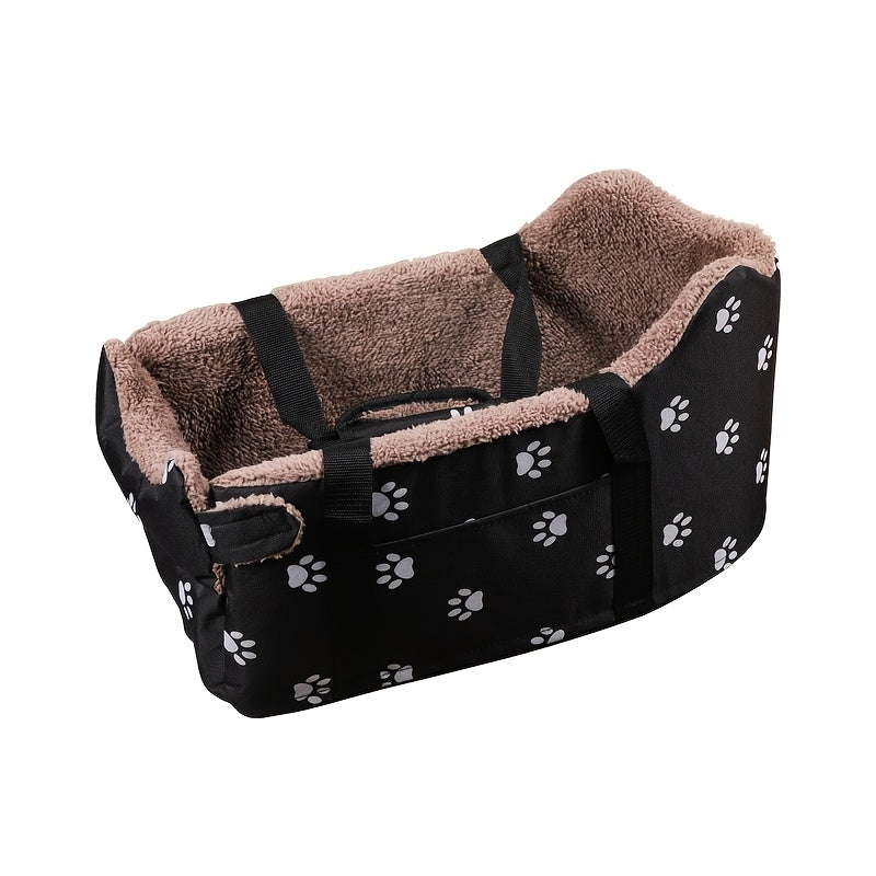Dog Car Bed with Paw Print Plush, Black Non-Slip Small Dog Sofa for Cozy Home Rest and Travel, Lightweight Pet Bed Christmas Gift