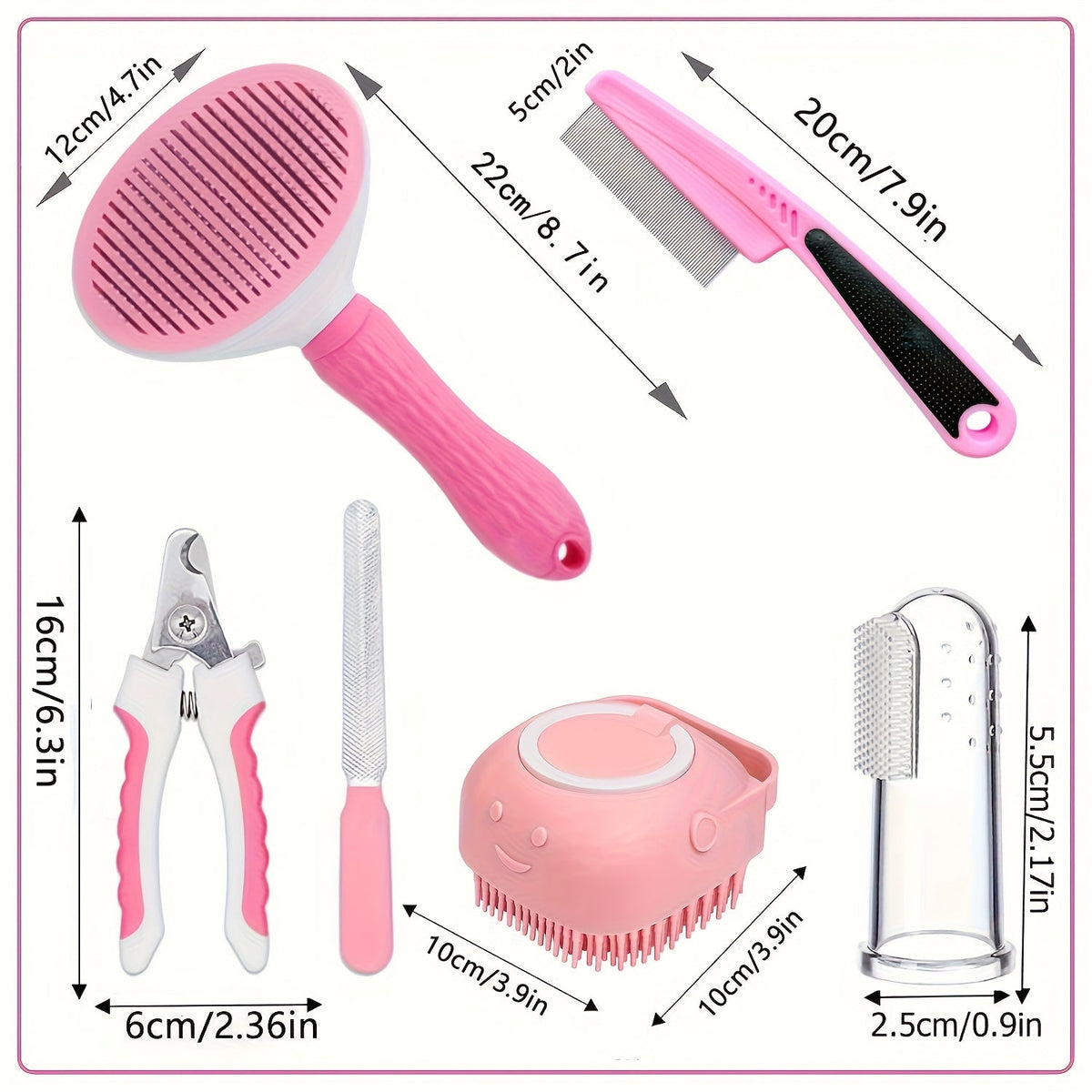 Dog and Cat Grooming Kit, 9 or 11 Piece Pet Care Set with Self-Cleaning Brush, Nail Clippers, Comb and Bath Tools in Pink or Blue