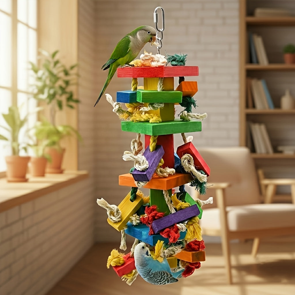 Parrot Toys with Colorful Wood Chew Designs, 12 Selectable Bird Cage Accessory Styles Including Apple, Banana, Coconut and Block Options for Enrichment
