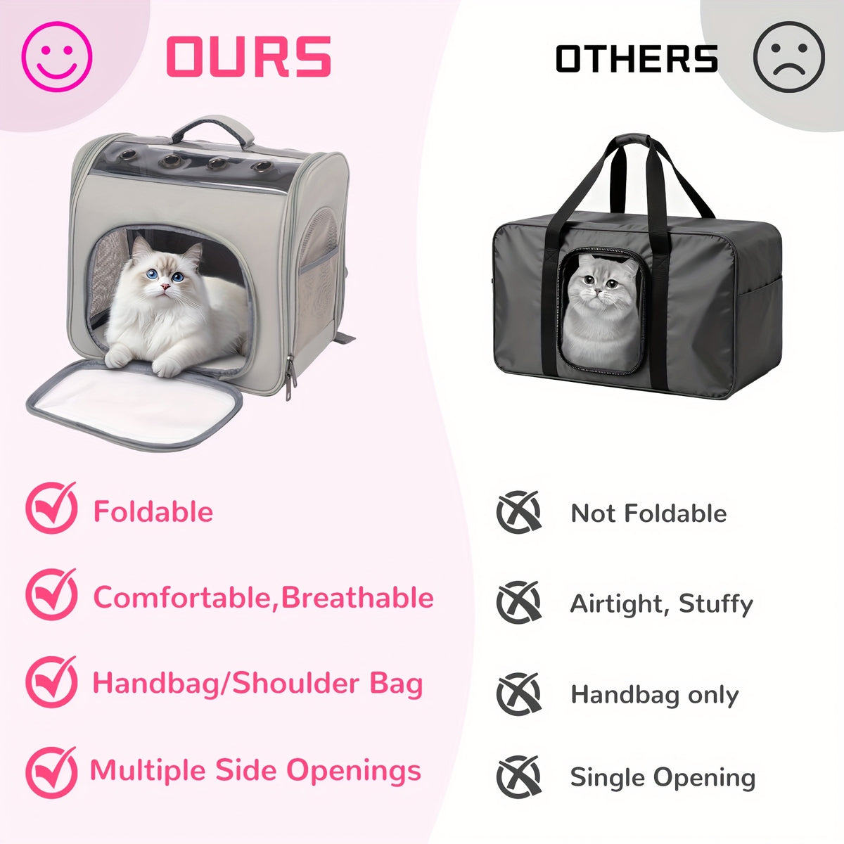 Cat Backpack with Front Opening and Breathable Mesh Window, Foldable Pet Carrier in Purple, Pink, Gray or Blue for Walks and Travel