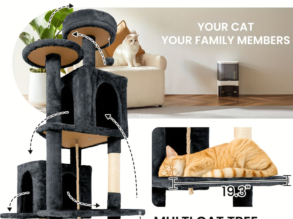 Cat Tower for Indoor Cats 59 Inch, Multi-Level Cat Tree with 2 Condos, Round Top Perch, Sisal Scratching Posts and Hanging Ball Toy, Plush Cat Furniture in 5 Colors