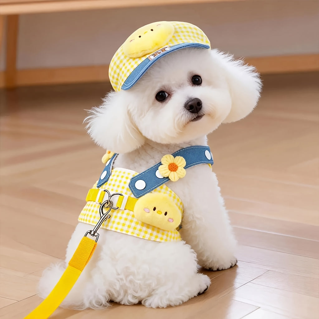 Plaid Dog Harness and Leash Set with Matching Visor Hat, Yellow Gingham Adjustable Mesh Chest Vest for Small to Medium Dogs, XS-XL Walking Outfit