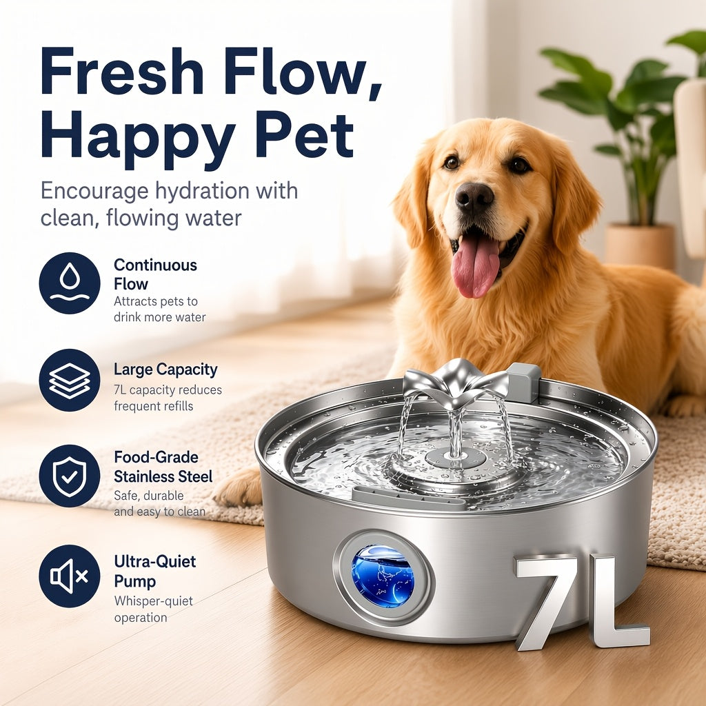 Dog Water Fountain 7L with Flower Head, 304 Stainless Steel Pet Drinking Dispenser with Water Level Window and Filter Bundle Options for Multi-Pet Homes