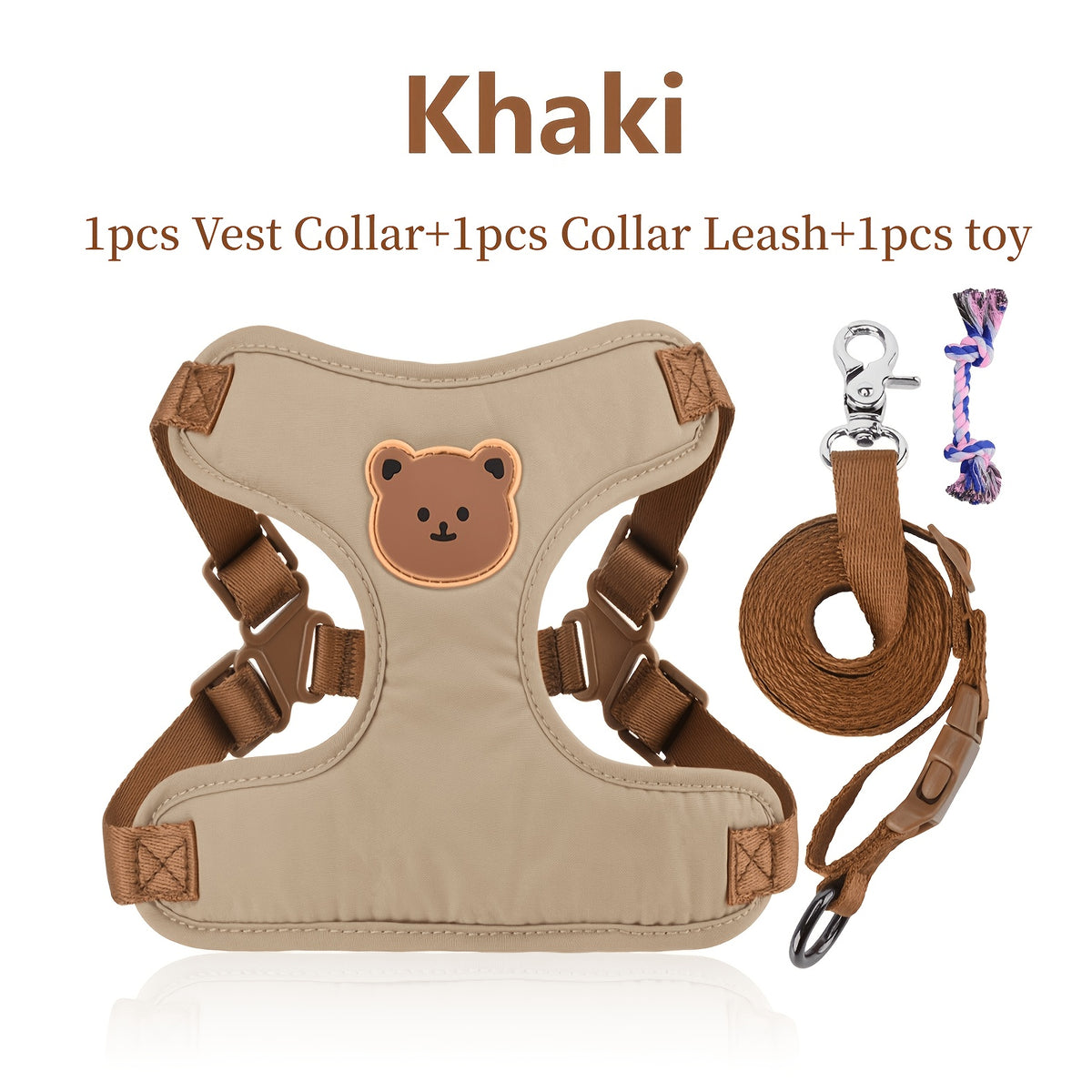 Bear Dog Harness and Leash Set with Cartoon Vest Design, 59-Inch Walking Lead, Green, Khaki or Orange Colors and S or L Sizes