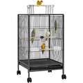 Bird Cage with Rolling Stand, 31-Inch Black Wrought Iron Open-Top Small Bird Habitat with Two Feeders, Three Perches and Slide-Out Tray