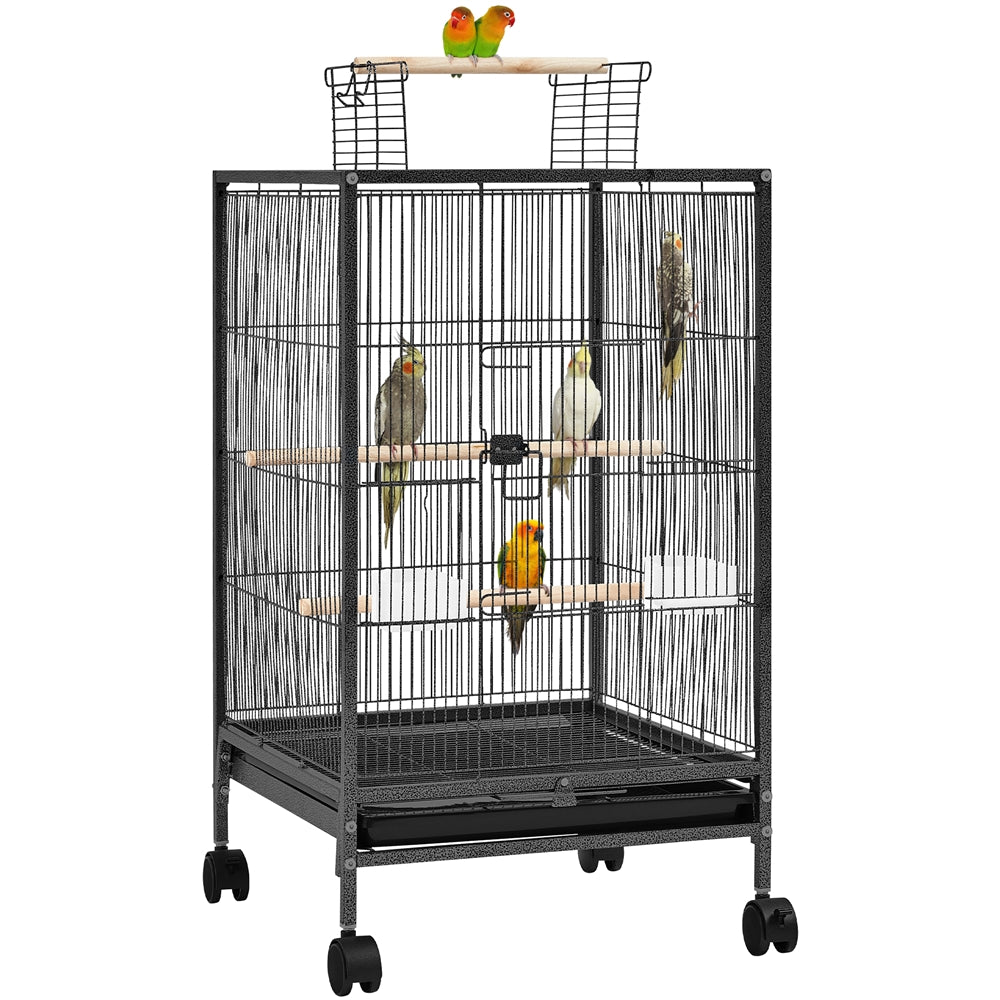 Bird Cage with Rolling Stand, 31-Inch Black Wrought Iron Open-Top Small Bird Habitat with Two Feeders, Three Perches and Slide-Out Tray