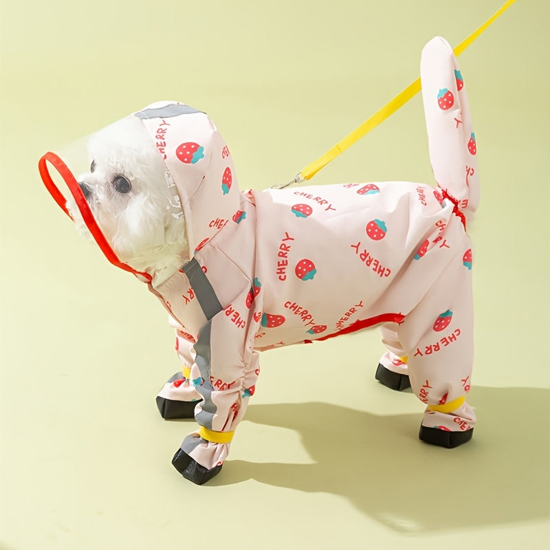 Dog Raincoat with Four-Leg Coverage, Reflective Strip, Extended Brim & Snap Closure for Rainy Walks, Pink Strawberry or Yellow Pineapple