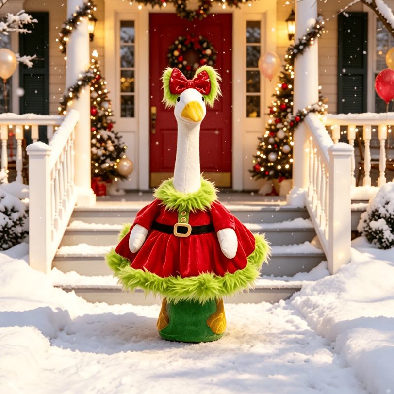 Christmas Porch Goose Outfit for 23-Inch Decorative Displays, Red Holiday Dress with Sequin Bow and Green Plush Trim for Entryway and Courtyard Decor