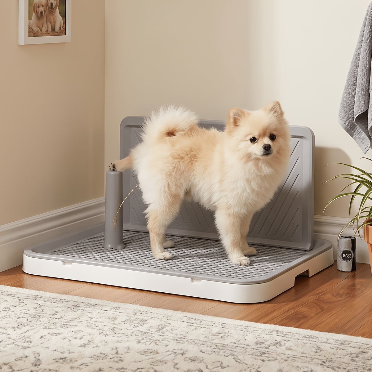 Dog Potty Tray with Splash Guard and Removable Grating, Indoor Puppy Training Toilet with Non-Slip Base in Blue-Gray or White and Gray