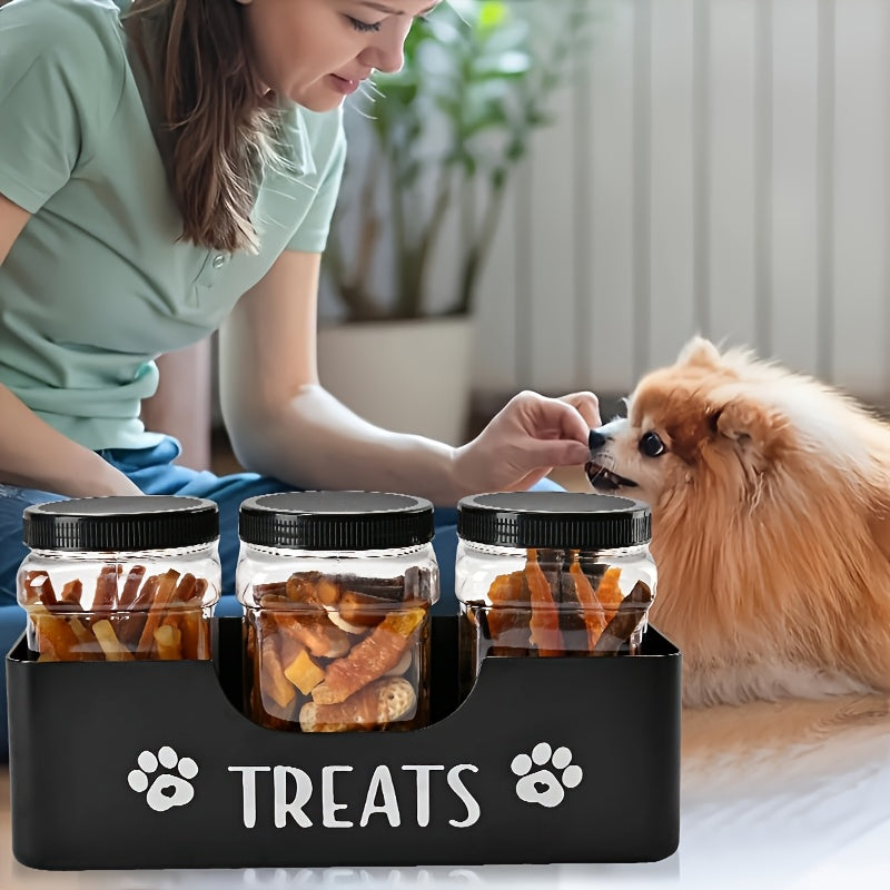 Pet Treat Storage Jars 3-Piece Set, Black Airtight Plastic Containers with Farmhouse Style for Dog and Cat Snacks and Feeding Area Organization