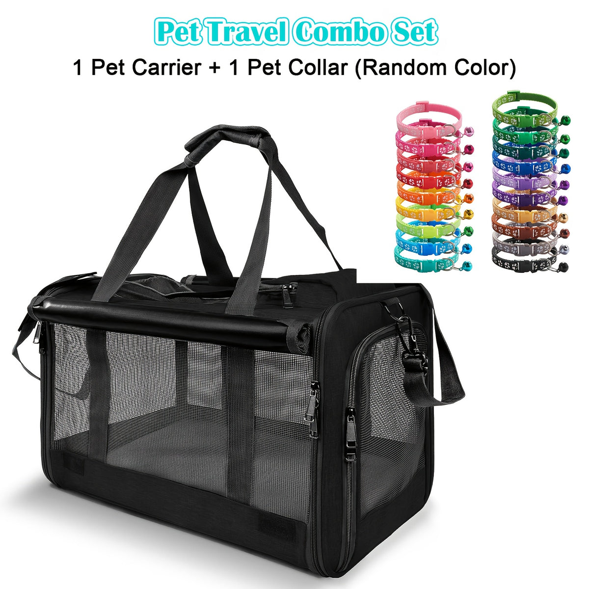 Cat Carrier Travel Set for Cats and Small Dogs, Soft-Sided Breathable Collapsible Pet Bag with Bowl, Collar or Pet Glove Bundle Options