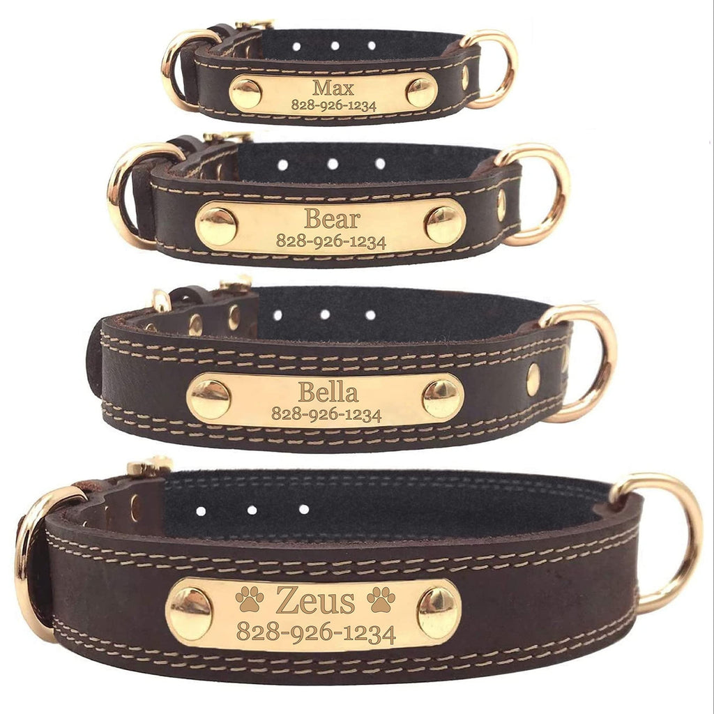 Personalized Dog Collar with Engraved Nameplate, Coffee Brown Synthetic Leather Adjustable Buckle Collar in S, M and L for Everyday Pet Identification