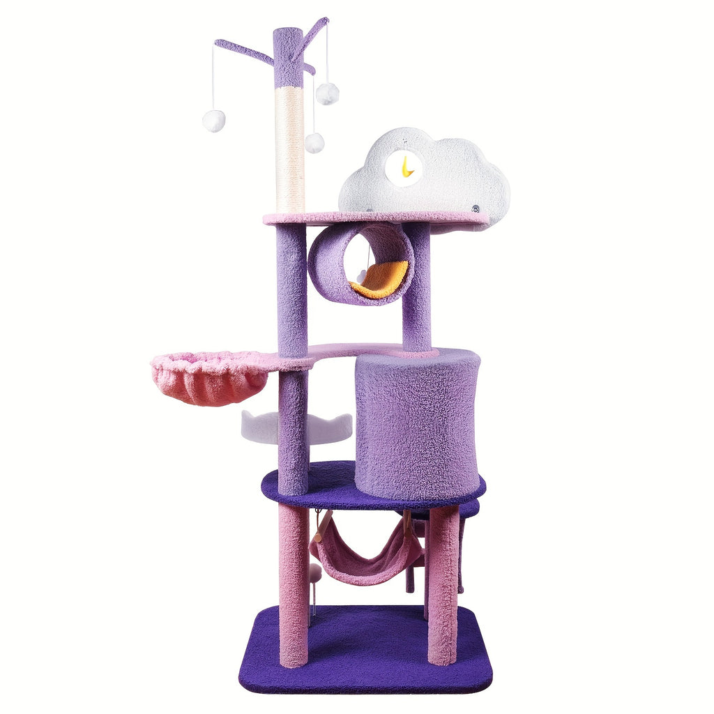 Moon and Star Cat Tree, 65 Inch Purple and Pink Indoor Cat Tower with Hammock, Condo, Sisal Scratching Post and Ladder for Climbing and Rest