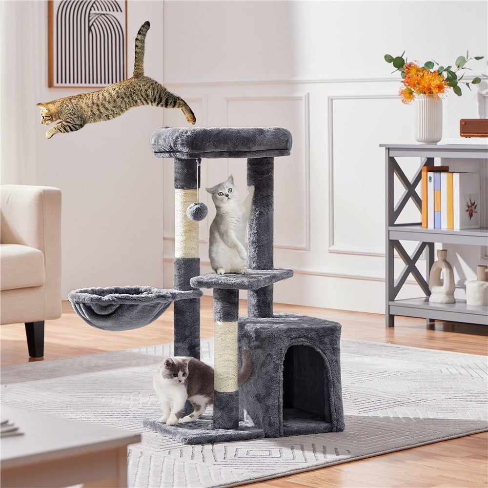 Cat Tree 34.5 Inch with Condo and Basket, Plush Indoor Cat Tower with Nest, Platform, Three Sisal Scratching Posts and Scratching Board in Five Colors