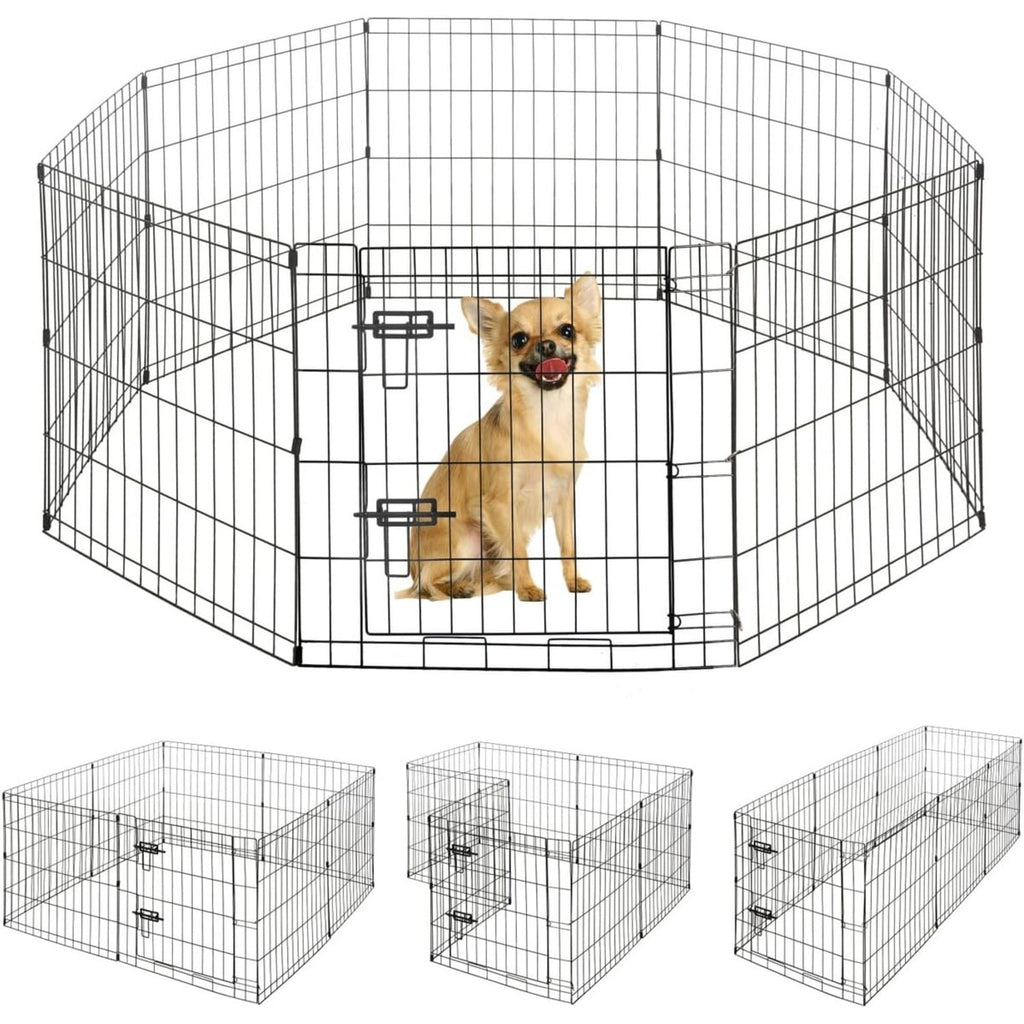 Dog Playpen with Gate and 8 Foldable Metal Panels, Portable Indoor Outdoor Exercise Fence for Small Dogs, 24 Inch and 36 Inch Size Options