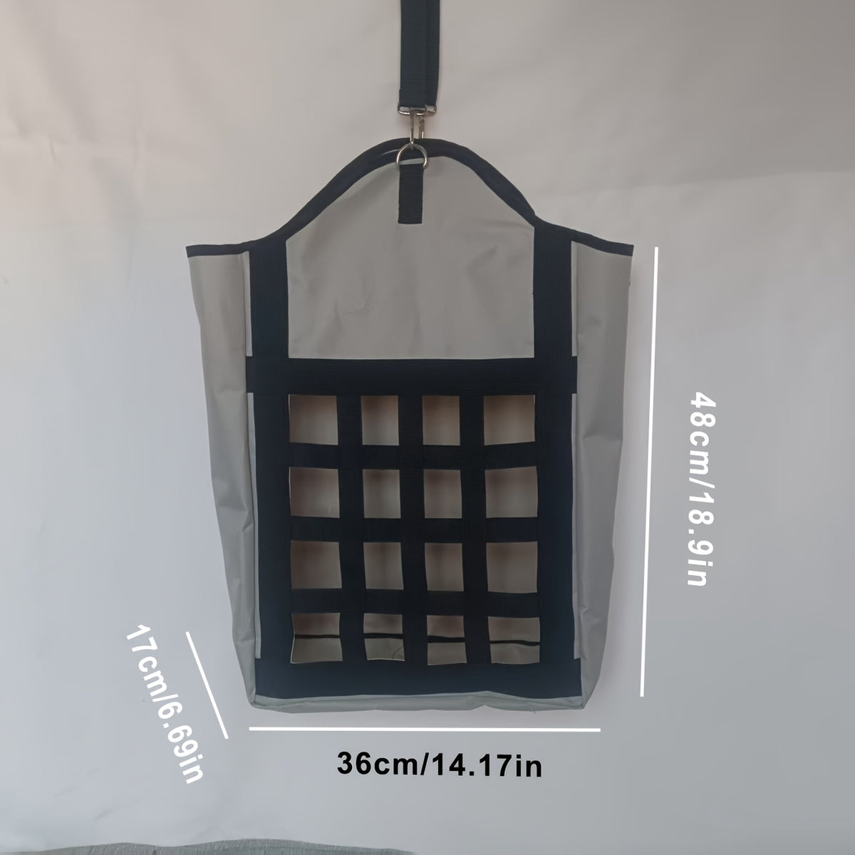 Hanging Hay Feeder Bag for Horses, Goats and Sheep, Open-Top Forage Holder with Grid Feeding Panel for Barn Stalls, Fences and Trailers