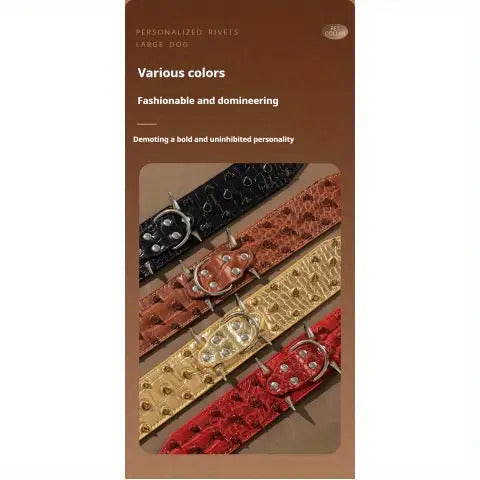 Spiked Dog Collar 2 Inch Wide with Adjustable Buckle, Leather-Like Statement Collar for Medium and Large Dogs, Four Colors in M to XXL Sizes