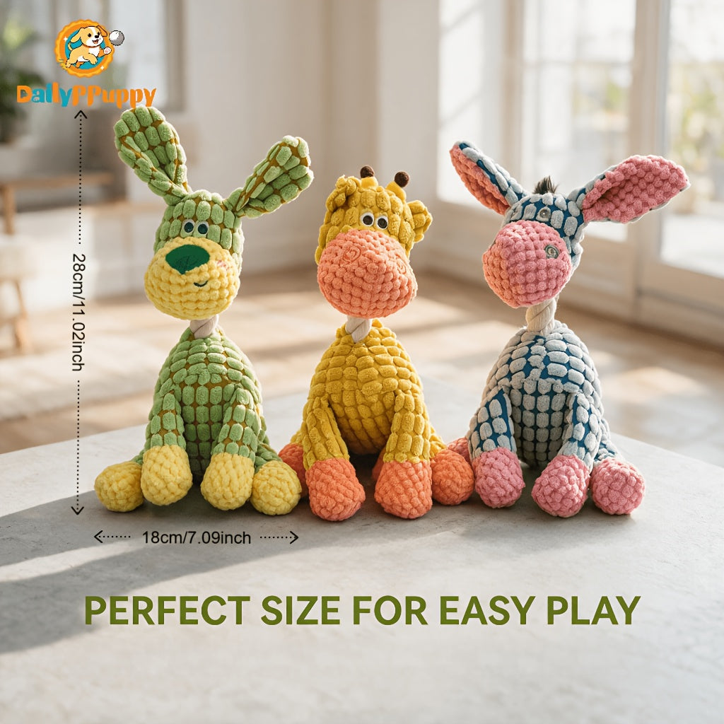 Rope Neck Squeaky Dog Toys 3 Pack, Colorful Plush Animal Play Set with Donkey Design for Small and Medium Dogs, Supervised Gentle Chewing